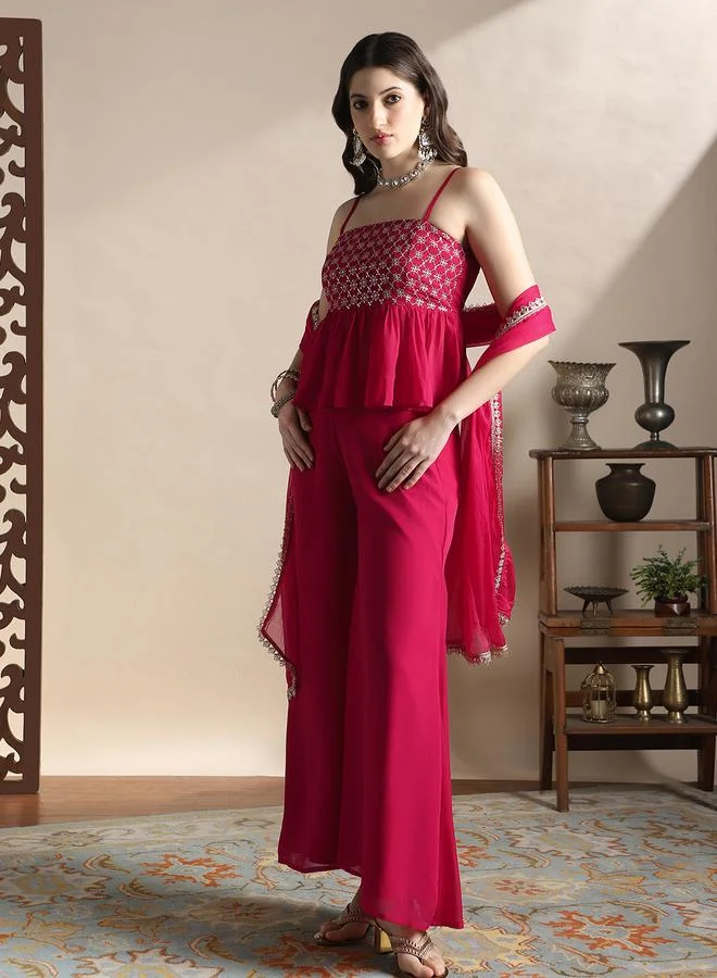 globus Women Sequin Embroidery Peplum Top and Palazzos with Dupatta Festive Co-Ords